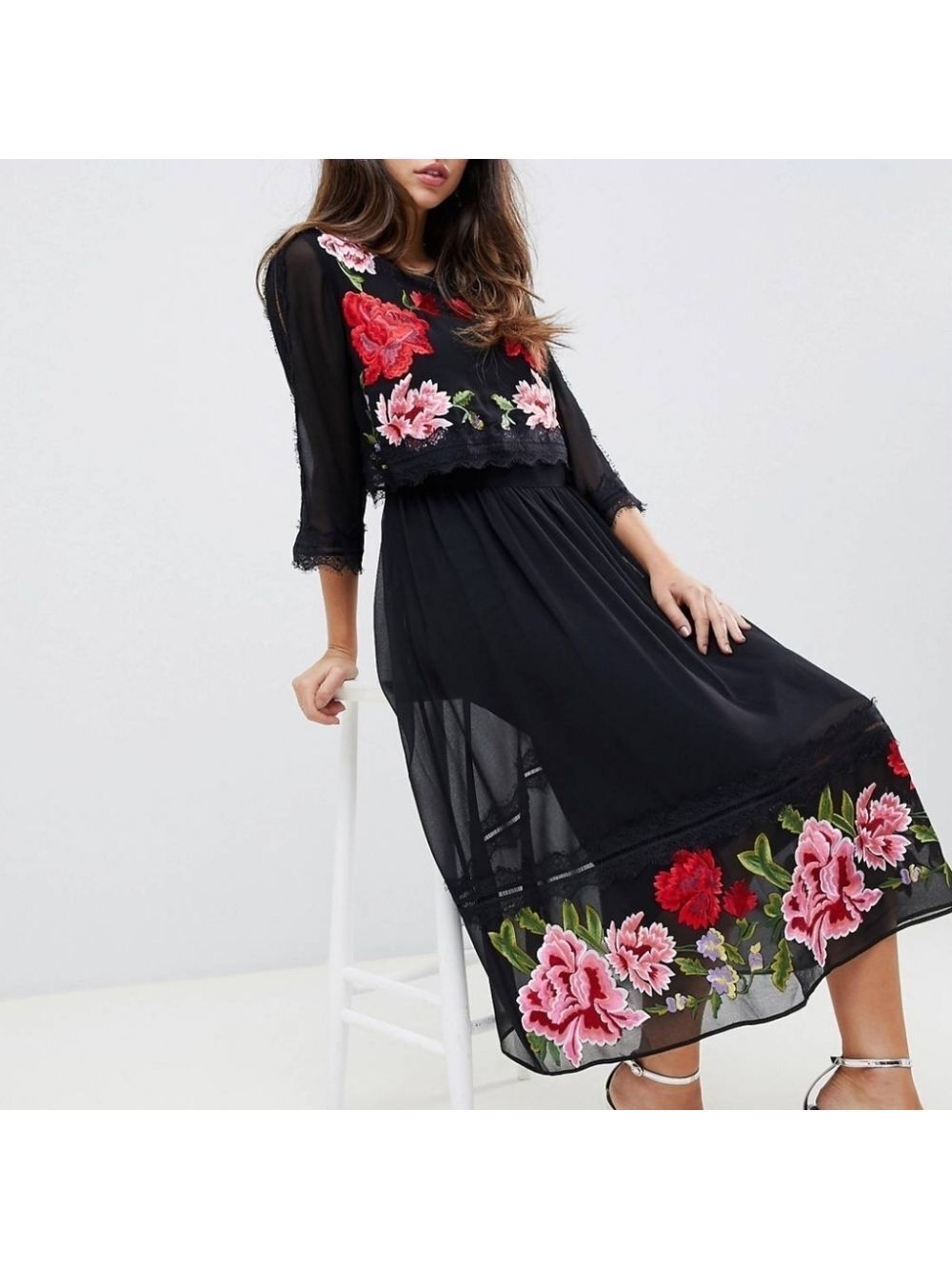 ASOS 8 Floral Embroidered Tea Length Midi  Dress